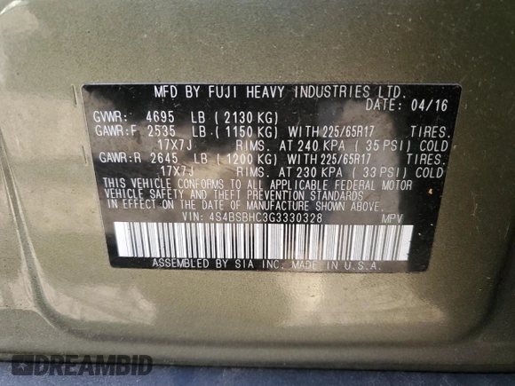 2016 Subaru Outback Premium with VIN 4S4BSBHC3G3330328, listed as a Copart auction lot 50614705 with 57,300 mi miles and Salvage title. Bid and sale history available at DreamBid. Image 14.