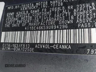 2009 Toyota Camry with VIN 4T1BE46K59U894296, listed as a IAAI auction lot 42202098 with 202,919 mi miles and . Bid and sale history available at DreamBid. Image 9.