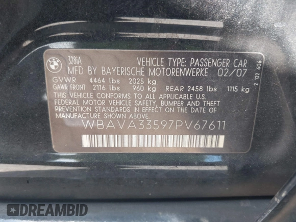 2007 BMW 3 Series 328i with VIN WBAVA33597PV67611, listed as a IAAI auction lot 41856072 with 209,720 mi miles and . Bid and sale history available at DreamBid. Image 9.
