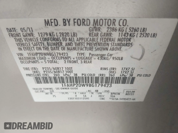 2011 Ford Taurus SE with VIN 1FAHP2DW9BG179423, listed as a IAAI auction lot 39683731 with 297,445 mi miles. Bid and sale history available at carsss.com. Image 9.