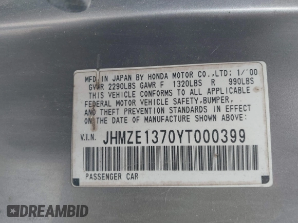 2000 Honda Insight with VIN JHMZE1370YT000399, listed as a IAAI auction lot 42337774 with 197,217 mi miles and . Bid and sale history available at DreamBid. Image 9.