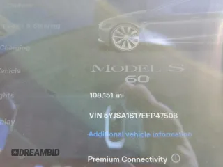 2014 Tesla Model S 60 with VIN 5YJSA1S17EFP47508, listed as a Copart auction lot 47589275 with 108,151 mi miles and Salvage Title. Bid and sale history available at DreamBid. Image 9.