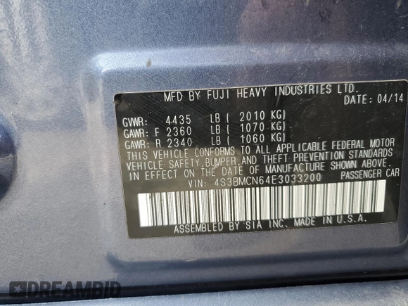2014 Subaru Legacy with VIN 4S3BMCN64E3033200, listed as a Copart auction lot 53982855 with 201,753 mi miles and Non repairable. Bid and sale history available at DreamBid. Image 12.