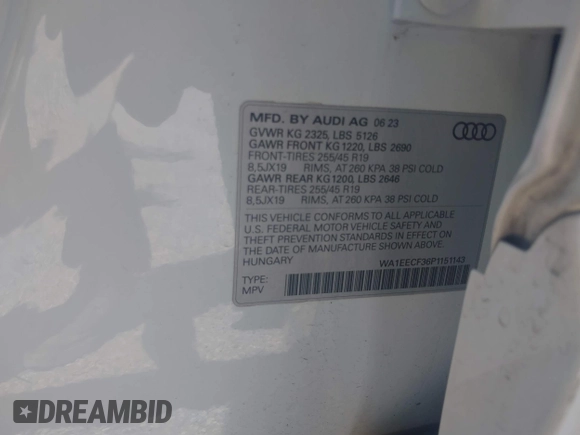 2023 Audi Q3 S line Premium Plus with VIN WA1EECF36P1151143, listed as a IAAI auction lot 42159895 with 15,885 mi miles and . Bid and sale history available at DreamBid. Image 9.