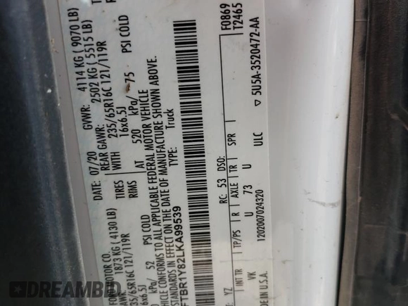 2020 Ford Transit Cargo z VIN 1FTBR1Y82LKA99539, wystawiony jako Copart lot #58968435 z przebiegiem 102 650 mil mil oraz Szkoda całkowita • Salvage title. Historia ofert i sprzedaży dostępna na DreamBid. Obrazek 13.