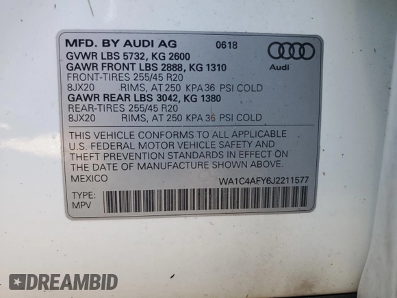 2018 Audi SQ5 Prestige with VIN WA1C4AFY6J2211577, listed as a Copart auction lot 78027654 with Not Provided miles and Salvage Title. Bid and sale history available at DreamBid. Image 13.