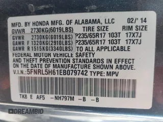 2014 Honda Odyssey EX-L with VIN 5FNRL5H61EB079742, listed as a IAAI auction lot 41992473 with 125,397 mi miles and . Bid and sale history available at carsss.com. Image 9.