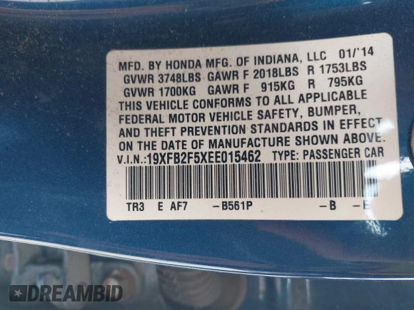 2014 Honda Civic Sedan LX with VIN 19XFB2F5XEE015462, listed as a IAAI auction lot 42037177 with 111,982 mi miles. Bid and sale history available at carsss.com. Image 9.