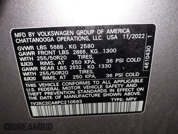2023 Volkswagen Atlas SE z VIN 1V2KC2CA6PC210593, wystawiony jako IAAI lot #41957633 z przebiegiem 34 801 mil mil oraz . Historia ofert i sprzedaży dostępna na DreamBid. Obrazek 9.