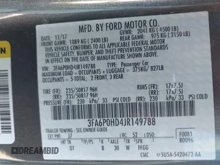 2018 Ford Fusion SE with VIN 3FA6P0HD4JR149788, listed as a IAAI auction lot 41846877 with 57,350 mi miles. Bid and sale history available at carsss.com. Image 9.