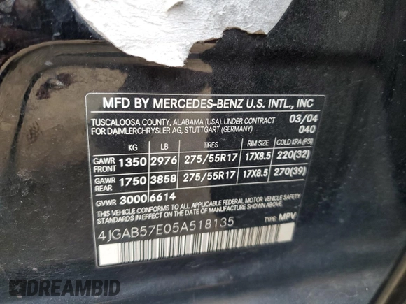 2005 Mercedes-Benz M-Class 3.7L with VIN 4JGAB57E05A518135, listed as a Copart auction lot 59632804 with 254,357 mi miles and Salvage Title. Bid and sale history available at carsss.com. Image 13.