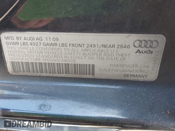 2010 Audi A4 Premium Plus с VIN WAUFFAFL6AN030962, выставлен на аукционе IAAI как лот 42250927 с пробегом 117 202 миль миль и . История ставок и продаж доступна на DreamBid. Изображение 9.