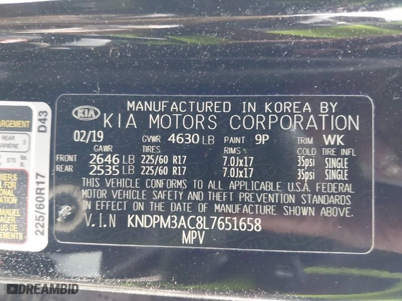 2020 Kia Sportage LX with VIN KNDPM3AC8L7651658, listed as a IAAI auction lot 41810369 with 60037 miles. Bid and sale history available at carsss.com. Image 9.