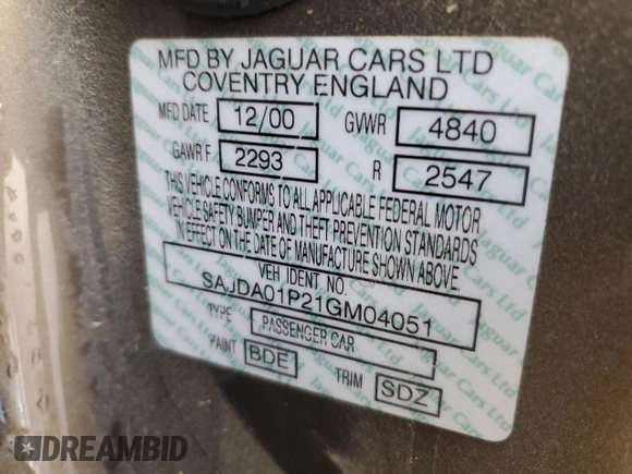 2001 Jaguar S-Type with VIN SAJDA01P21GM04051, listed as a Copart auction lot 46668745 with 81,765 mi miles and Salvage Title. Bid and sale history available at DreamBid. Image 12.
