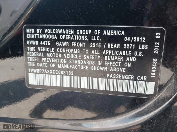 2012 Volkswagen Passat SE with VIN 1VWBP7A3XCC083183, listed as a IAAI auction lot 42011033 with 178,739 mi miles. Bid and sale history available at carsss.com. Image 9.