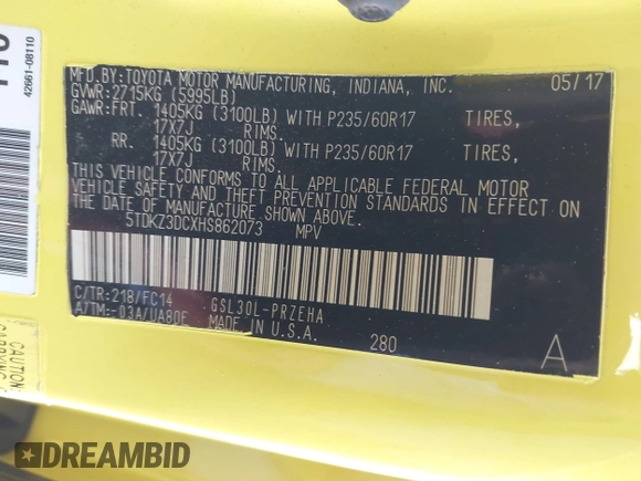 2017 Toyota Sienna LE Auto Access Seat с VIN 5TDKZ3DCXHS862073, выставлен на аукционе IAAI как лот 42328653 с пробегом 183 126 миль миль и . История ставок и продаж доступна на DreamBid. Изображение 9.