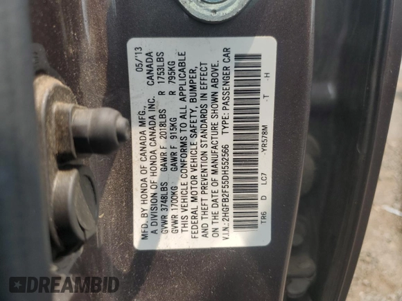 2013 Honda Civic LX with VIN 2HGFB2F55DH552566, listed as a Copart auction lot 59542755 with 160,820 mi miles and Salvage title. Bid and sale history available at DreamBid. Image 12.