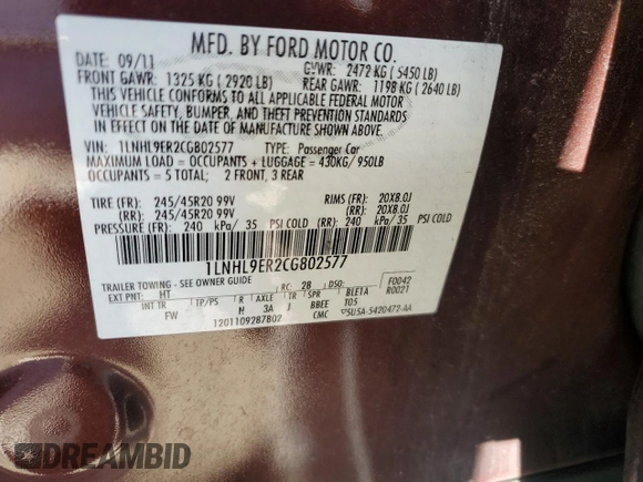 2012 Lincoln MKS with VIN 1LNHL9ER2CG802577, listed as a Copart auction lot 85455164 with 121,169 mi miles and Salvage Title. Bid and sale history available at DreamBid. Image 12.