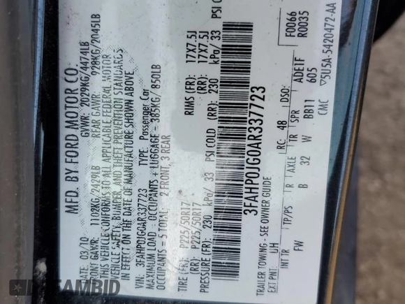 2010 Ford Fusion SEL with VIN 3FAHP0JG0AR337723, listed as a Copart auction lot 51339775 with 156,772 mi miles and Salvage Title. Bid and sale history available at carsss.com. Image 14.