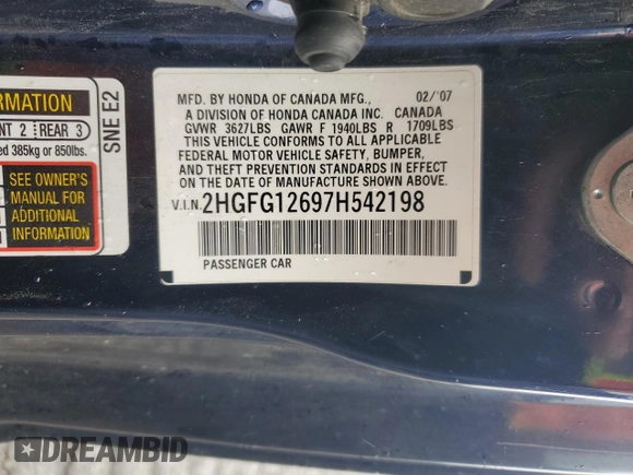 2007 Honda Civic Cpe LX with VIN 2HGFG12697H542198, listed as a Copart auction lot 49323055 with 203,036 mi miles and Salvage Title. Bid and sale history available at carsss.com. Image 12.