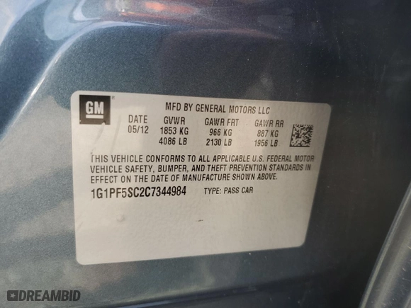 2012 Chevrolet Cruze LT w/1LT with VIN 1G1PF5SC2C7344984, listed as a Copart auction lot 52523485 with 123,627 mi miles and Salvage Title. Bid and sale history available at carsss.com. Image 12.