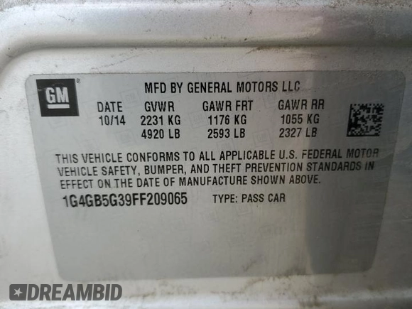 2015 Buick LaCrosse Leather with VIN 1G4GB5G39FF209065, listed as a Copart auction lot 50534775 with 181,393 mi miles and Clean Title. Bid and sale history available at DreamBid. Image 12.