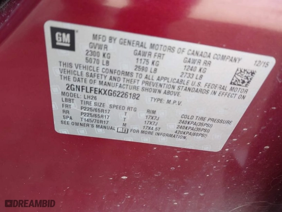 2016 Chevrolet Equinox LT with VIN 2GNFLFEKXG6226182, listed as a IAAI auction lot 41747404 with 119,026 mi miles. Bid and sale history available at carsss.com. Image 9.