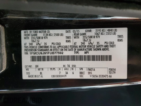 2015 Ford Escape Titanium with VIN 1FMCU9J91FUB77592, listed as a Copart auction lot 62727355 with 94,131 mi miles and Salvage title. Bid and sale history available at DreamBid. Image 14.