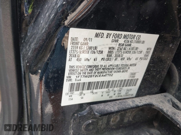 2012 Ford F-250 XL с VIN 1FT7W2BT2CEA47702, выставлен на аукционе IAAI как лот 42244666 с пробегом Не указан миль и . История ставок и продаж доступна на DreamBid. Изображение 9.