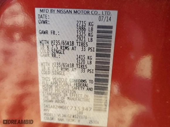 2014 Nissan Pathfinder SL with VIN 5N1AR2MM0EC715347, listed as a Copart auction lot 47441715 with NaN miles and Salvage Title. Bid and sale history available at carsss.com. Image 14.