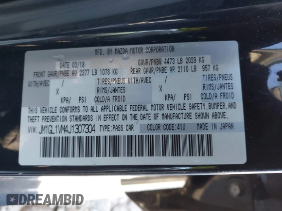 2018 Mazda Mazda6 Touring with VIN JM1GL1VM4J1307304, listed as a IAAI auction lot 41556563 with 173,739 mi miles. Bid and sale history available at carsss.com. Image 9.