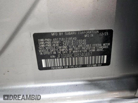 2024 Subaru Impreza with VIN JF1GUABC3R8340487, listed as a Copart auction lot 54123495 with 8,197 mi miles and Salvage title. Bid and sale history available at DreamBid. Image 13.
