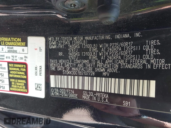 2011 Toyota Sienna LE AAS with VIN 5TDKK3DC1BS107728, listed as a IAAI auction lot 42454579 with Not provided miles and . Bid and sale history available at DreamBid. Image 9.