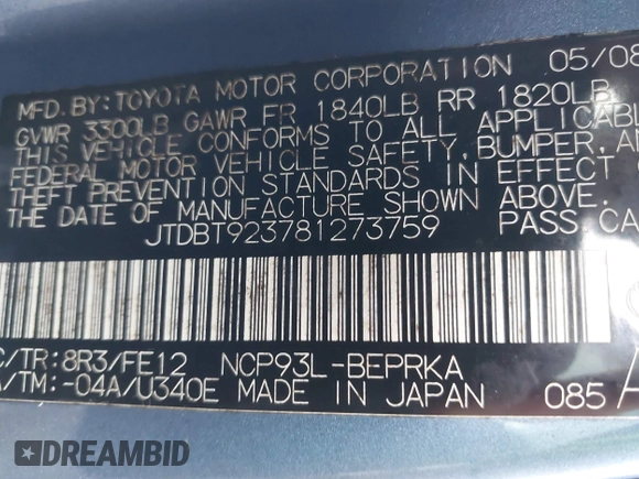 2008 Toyota Yaris with VIN JTDBT923781273759, listed as a IAAI auction lot 41819586 with 161,204 mi miles and . Bid and sale history available at carsss.com. Image 9.