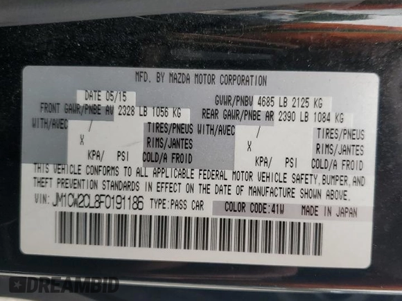 2015 Mazda 5 Touring with VIN JM1CW2CL8F0191186, listed as a Copart auction lot 57846745 with 87,789 mi miles and Salvage title. Bid and sale history available at DreamBid. Image 13.