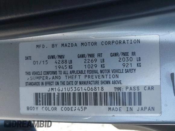 2016 Mazda 6 i Sport with VIN JM1GJ1U53G1406818, listed as a IAAI auction lot 41987697 with 160,508 mi miles and . Bid and sale history available at DreamBid. Image 9.