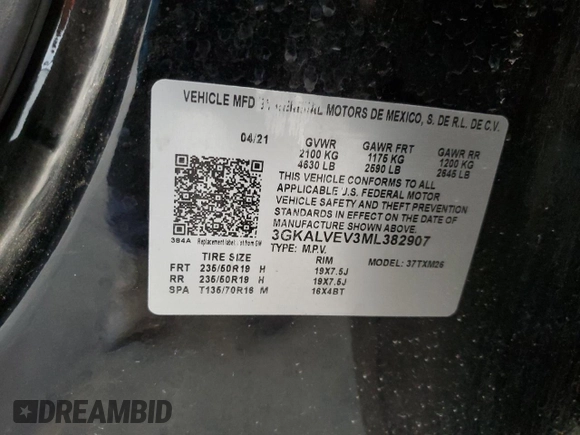 2021 GMC Terrain SLT с VIN 3GKALVEV3ML382907, выставлен на аукционе Copart как лот 53995745 с пробегом 47 001 миль миль и Списание • Salvage title. История ставок и продаж доступна на DreamBid. Изображение 13.