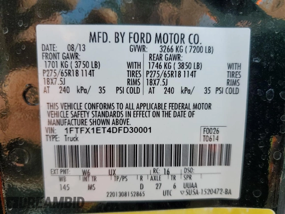 2013 Ford F-150 XL z VIN 1FTFX1ET4DFD30001, wystawiony jako Copart lot #54440775 z przebiegiem 115 634 mil mil oraz Szkoda całkowita • Salvage title. Historia ofert i sprzedaży dostępna na DreamBid. Obrazek 13.