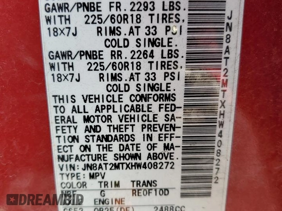 2017 Nissan Rogue SL with VIN JN8AT2MTXHW408272, listed as a Copart auction lot 49271525 with 62,143 mi miles and Salvage Title. Bid and sale history available at DreamBid. Image 13.
