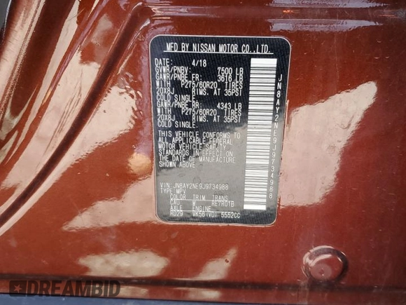 2018 Nissan Armada Platinum with VIN JN8AY2NE9J9734988, listed as a Copart auction lot 51811715 with 113,748 mi miles and Salvage Title. Bid and sale history available at carsss.com. Image 12.