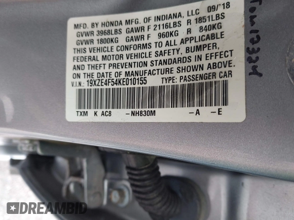 2019 Honda Insight EX with VIN 19XZE4F54KE010155, listed as a IAAI auction lot 41836495 with 83,305 mi miles and . Bid and sale history available at DreamBid. Image 9.