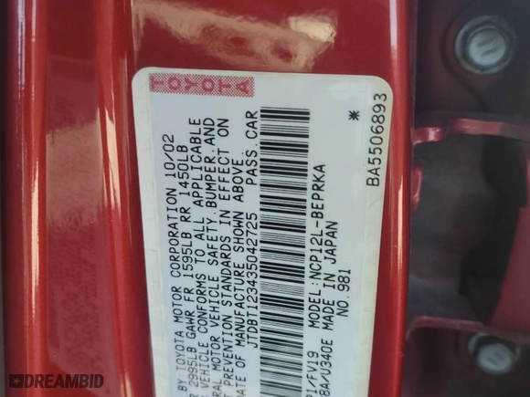 2003 Toyota ECHO with VIN JTDBT123435042725, listed as a Copart auction lot 69374604 with 123,369 mi miles and Salvage Title. Bid and sale history available at carsss.com. Image 14.