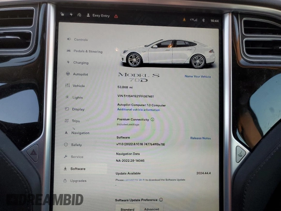 2015 Tesla Model S 85D with VIN 5YJSA1S21FF087461, listed as a Copart auction lot 87027334 with 53,868 mi miles and Salvage Title. Bid and sale history available at carsss.com. Image 9.