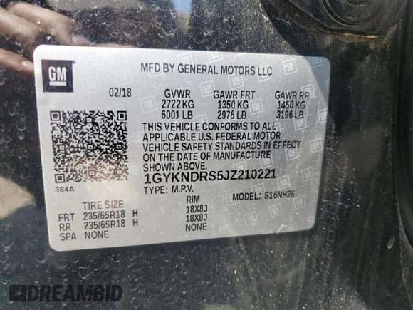 2018 Cadillac XT5 Luxury AWD with VIN 1GYKNDRS5JZ210221, listed as a Copart auction lot 52502595 with 68,579 mi miles and Salvage Title. Bid and sale history available at DreamBid. Image 13.