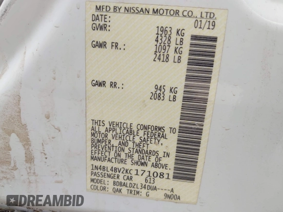 2019 Nissan Altima S with VIN 1N4BL4BV2KC171081, listed as a IAAI auction lot 42142170 with 52,942 mi miles and . Bid and sale history available at DreamBid. Image 9.