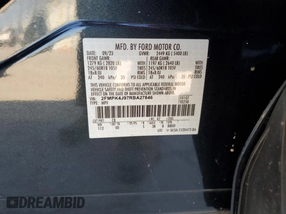 2024 Ford Edge SEL z VIN 2FMPK4J97RBA27846, wystawiony jako Copart lot #49391255 z przebiegiem Nie podano mil oraz Szkoda całkowita • Salvage title. Historia ofert i sprzedaży dostępna na DreamBid. Obrazek 14.
