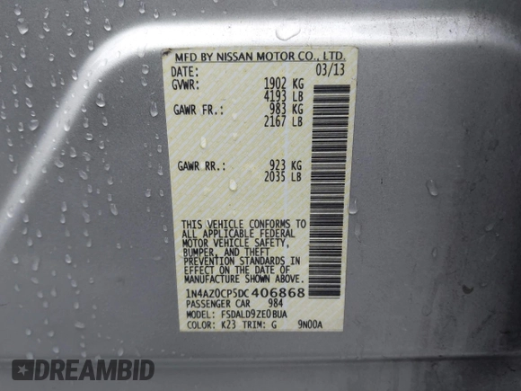 2013 Nissan LEAF SL с VIN 1N4AZ0CP5DC406868, выставлен на аукционе IAAI как лот 41869903 с пробегом 143 241 миль миль и . История ставок и продаж доступна на DreamBid. Изображение 9.