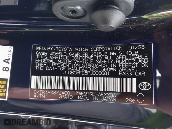 2023 Toyota Corolla Hybrid LE with VIN JTDBCMFE8PJ003081, listed as a IAAI auction lot 41041004 with 19,146 mi miles. Bid and sale history available at carsss.com. Image 9.