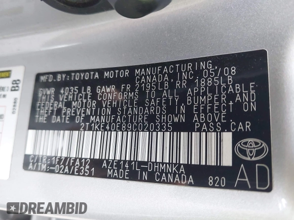 2009 Toyota Matrix S z VIN 2T1KE40E89C020335, wystawiony jako IAAI lot #42399155 z przebiegiem 71 085 mil mil oraz . Historia ofert i sprzedaży dostępna na DreamBid. Obrazek 9.