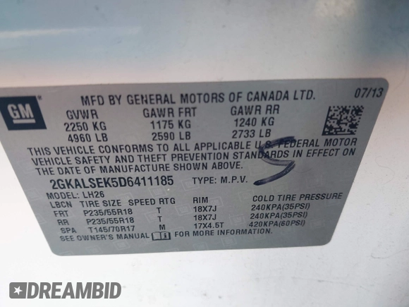 2013 GMC Terrain SLE with VIN 2GKALSEK5D6411185, listed as a IAAI auction lot 41993032 with 148,408 mi miles and . Bid and sale history available at DreamBid. Image 9.